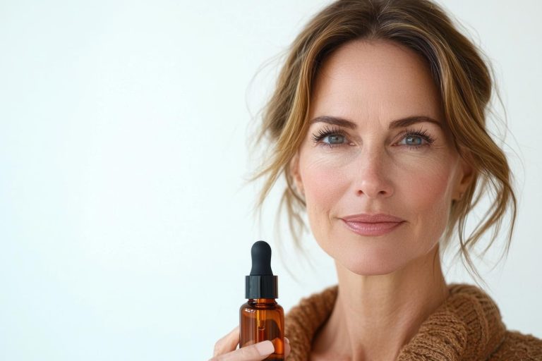 Mujer sosteniendo un frasco con serum de acido azelaico